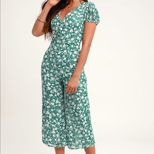 LuLus Wide Leg Green Floral Jumpsuit M